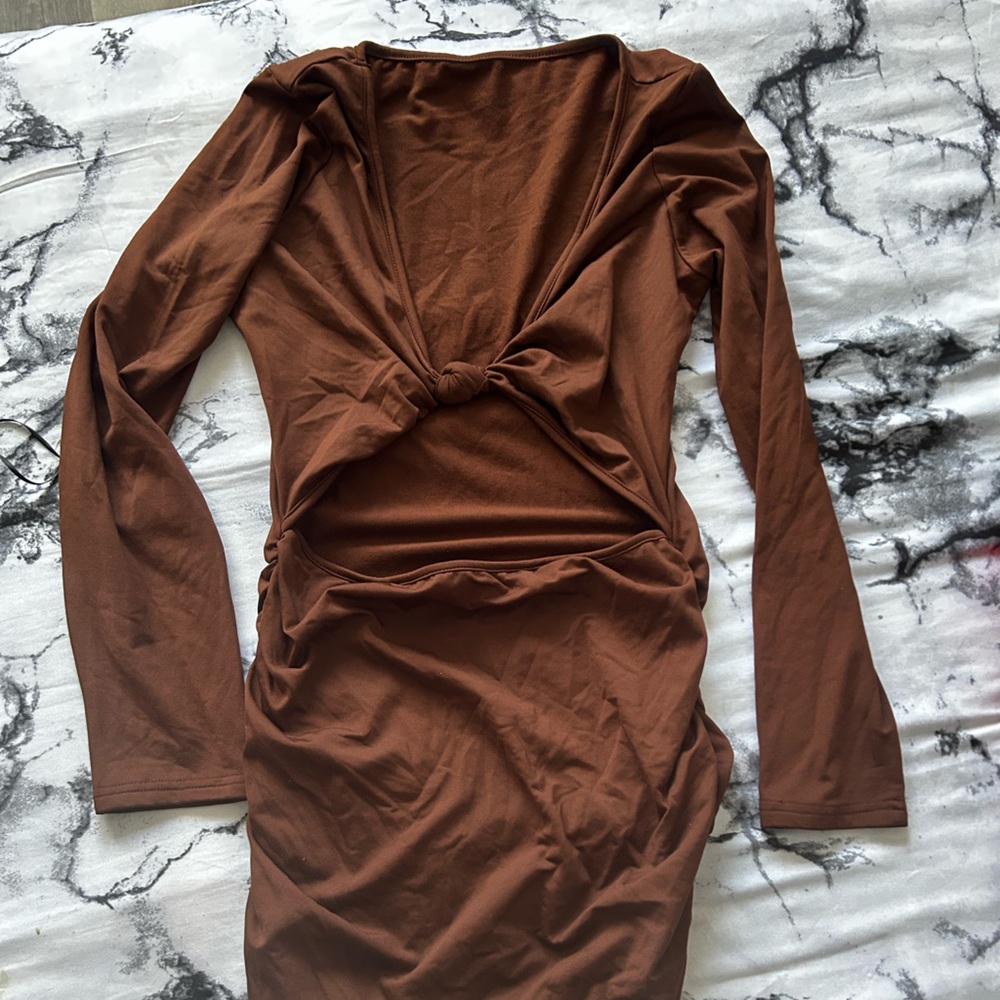SHEIN Brown Long Sleeve Mini Dress with Front Knot